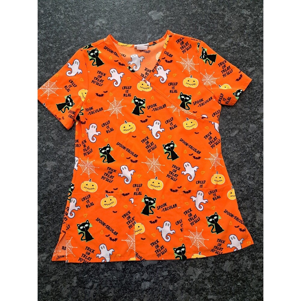 Scrubstar Women’s Orange V-Neck Halloween Medical Scrub Top Pockets Size Small